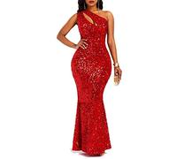 VERWIN Robe moulante sans manches à col oblique sirène à paillettes pour femme, Rouge, Taille XL