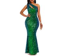 VERWIN Robe moulante sans manches à col oblique sirène à paillettes pour femme, vert, Taille L