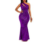 VERWIN Robe moulante sans manches à col oblique sirène à paillettes pour femme, violet, XX-Large