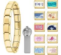 Vesavifaka Bracelet Charms Italien Armband Ensemble Doré avec 1 Bracelet de Démarrage, 10 Charms Thème Océan avec Outil d'Ouverture, 9 mm Charms Modulaires, Bijoux DIY Amovible