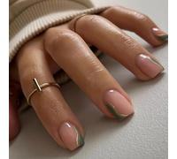Vesavifaka Ongles Press On Courts Carrés 24 Pièces, Ongles Artificiels Verts avec Bandes Dorées, Ongles Acryliques Brillants à Coller, Kit d'Ongles Faux à Colle Jelly pour Femmes Filles - Art