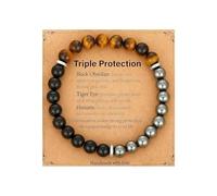 Vesavifaka Triple Protection 10mm Bracelet Homme, Oeil de Tigre Obsidienne Noire Hématite Bracelet de Perles, Bijoux Pierre de Guérison Anniversaire, Cadeau de Saint-Valentin pour Lui