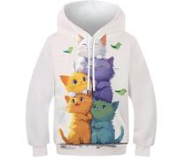 VesFy Chat de Bande dessinée Sweats Sweatshirt Costume pour Enfants 3D Imprimer Animaux Hoodies Manches Longues Capuche Hauts Décontractés avec Poche Kangourou pour Enfants Garçons Filles 13-15Y