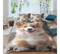 VesFy Corgi Ensemble De Housse De Couette en Microfibre Douce Et Taie D’Oreiller 3D Animaux Mignons Impression 3 Pièces avec Fermeture Éclair pour Garçons Filles Et Adultes King（220x240cm）