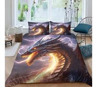 VesFy Dragon Parure De Lit Microfibre Literie Ensemble Literie 3D Imprimé Éclair Parure De Lit Et Taies D’Oreiller 3 Pièces pour Adultes Enfants Filles Garçon King（220x240cm）