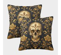 VesFy Housse Coussin crâne doré 2PCS Taies d'oreiller Squelette Humain Carrée Housse Oreiller Coussin Canape Decoration pour Canapé Voiture Extérieur Jardin Chambre À Coucher Canapé 40x40cm