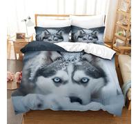 VesFy Impression 3D Chien Husky Literie Parure De Lit 3 Pièces Animaux Mignons Housse De Couette Microfibre avec Fermeture Éclair Taies D’Oreiller pour Adultes Enfants Filles Garçon Single（140x200cm）