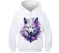 VesFy Loup Violet Sweats 3D Imprimer Animal Hoodies Costume pour Enfants Sweatshirt avec Poche Kangourou Hauts Décontractés Manches Longues Capuche pour Enfants Garçons Filles 22-23Y