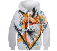 VesFy Renard Minimaliste Sweats 3D Imprimer Animaux Hoodies Sweatshirt Costume pour Enfants Capuche Manches Longues avec Poche Kangourou Hauts Décontractés pour Enfants Garçons Filles 8-10Y