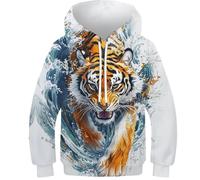 VesFy Tigre Cool Sweats Sweatshirt Costume pour Enfants 3D Imprimer Animaux Hoodies avec Poche Kangourou Capuche Hauts Décontractés Manches Longues pour Enfants Garçons Filles 9-11Y