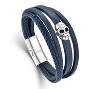 Veshon Bracelet en cuir tressé multi-couches pour homme avec tête de mort - Style gothique punk - Cadeau pour homme et garçon - 21 cm - Bleu marine
