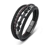 Veshon Bracelet pour homme en cuir et pierre avec croix - Bijou religieux chrétien pour homme (lapis/onyx/turquoise/œil de tigre), design tressé avec fermoir en alliage, tailles 21,1 cm et 23,1 cm