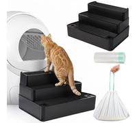 Vesici Rampe de litière réglable à 3 marches avec 20 sacs à déchets pour chats avec fonction de filtration, escalier antidérapant pour boîte automatique, petit chat âgé (noir)
