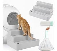 Vesici Rampe de litière réglable à 3 marches avec 20 sacs à déchets pour chats avec fonction de filtration, escalier antidérapant pour boîte automatique, petit chat âgé (gris)