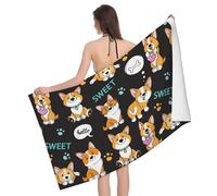 Vesplim Serviette de Plage en Microfibre avec Motif Corgi Mignon, séchage Rapide, Grande Taille, légère et Fine, 81 x 132