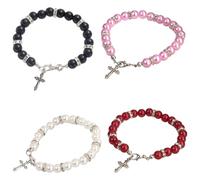 Vestamore 4er-Set Kreuz-Armbänder mit Perlenimitat, runde Perlen in Perlenoptik mit Strass, Rosenkranzarmband in Schwarz, Weiß, Rosa, Rot, 18 cm, eleganter Stil für Handgelenk und Alltagsoutfits