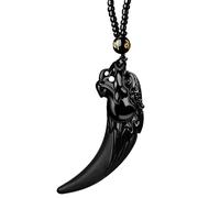 Vestamore Collier en forme de dent de loup pour homme, pendentif en jadéite naturelle avec perles en pierre d'obsidienne, design sculpté noir, forme unique de dent de crocodile, accessoire de bijoux
