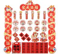 Vestamore Lot de 34 décorations pour le Nouvel An chinois et le festival du printemps, comprend des autocollants de porte de l'année du dragon, des ornements de personnage Chunlian, des autocollants