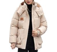 Veste à Capuche en Coton pour Femme épaisse Chaude Coupe-Vent Légère Ample Fermeture éclair avec Poches Manteau à Col Montant Automne Et Hiver (Beige,L)