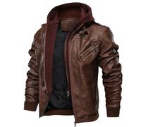 Veste à capuche en cuir PU pour homme, rétro, chaud, décontracté, Style moto, Options multicolores, nouvelle collection automne hiver 2025 Brun foncé