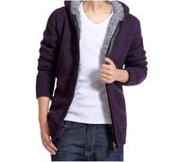 Veste à capuche en tricot Sherpa doublé de polaire avec fermeture éclair intégrale pour homme - Cardigan chaud en fourrure épaisse avec poches - Veste à capuche ajustée en tricot, violet, XL
