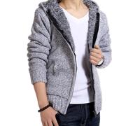 Veste à capuche en tricot Sherpa doublé de polaire avec fermeture éclair intégrale pour homme - Cardigan chaud en fourrure épaisse avec poches - Veste à capuche ajustée en tricot, gris, XXL