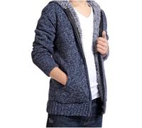 Veste à capuche en tricot Sherpa doublé de polaire avec fermeture éclair intégrale pour homme - Cardigan chaud en fourrure épaisse avec poches - Veste à capuche ajustée en tricot, bleu marine, X-Large