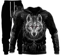 Veste à capuche + pantalon pour homme, automne et hiver, impression 3D, décontracté, à capuche (loup 4, S)