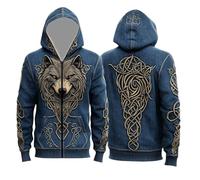 Veste à capuche pour homme avec motif loup et nœuds celtiques - Sweat à capuche zippé de style viking avec aspect jean - Veste attrayante pour les fans de mythologie nordique, Style_v01 Bleu, XXL