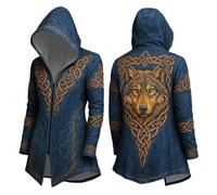 Veste à capuche pour homme de style viking nordique - Manteau avec grand imprimé loup et nœud celtique - Veste asymétrique pour les fans de la mythologie, Style_z01 Bleu, M