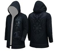 Veste à capuche pour homme style viking avec motif Odin - Manteau noir avec Vegvisir et corbeaux - Cape sombre pour les fans de mythologie nordique, Style_y01 bleu marine, 4XL