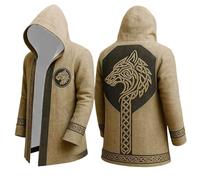 Veste à capuche pour homme style viking en lin - Manteau avec motif de loup brodé et bordures celtiques - Cape authentique pour les jeux de rôle et les festivals