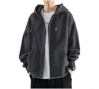 Veste à capuche unie avec fermeture éclair pour homme, coupe ample, doublure en polaire, coupe-vent pour printemps, automne, tenue décontractée, taille L-3XL (gris foncé, L)
