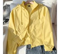 Veste à capuche zippée à manches longues décontractée pour femmes grandes tailles en jaune pâle pour l'automne 0XL,1XL,2XL,3XL,4XL,5XLUnicoloreTissu tissé