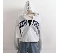 Veste à capuche zippée pour filles en automne/hiver avec imprimé anglais - Mélange d'imprimés de lettres contrastées dans un style de rue, tissu tricoté chaud convenant à l'automne/hiver, coupe légère