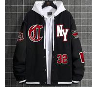 Veste à col de baseball rayée pour hommes, manches tombantes, motif d'alphabet et d'étoile à cinq branches sur le devant avec boutons, colorée, à manches longues, pour sortir, graphique, New York, aca