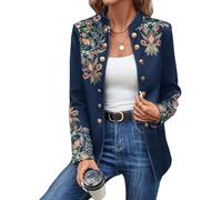 Veste À Double Boutonnage Rétro Élégante pour Femmes Col Montant Broderie De Fleurs Mode Décontractée Printemps Et Automne Blazer Mince À Manches Longues (Bleu,TG)