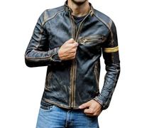 Veste à revers pour homme - Style rétro - Veste de motard en cuir vieilli - Avec poches zippées - Col montant - Manteau universitaire, Noir , L