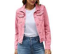 Veste Basique Pour Femme En Coton Denim - Couleur Unie - Avec Poches - Longue - Coupe-Vent - Élégant Blazer d'Affaires - Rose, XXL