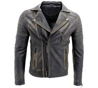 Veste Biker Homme Noir Slim Fit Vintage En Cuir 100% Fermeture Éclair Double Zip