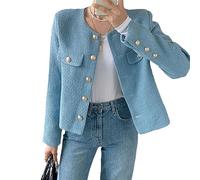 Veste Blanche pour Femme en Tweed Bleu Printemps Veste Tweed Veste Noir Manteau Court métal Simple Boutonnage Court Top