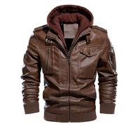 Veste bomber à capuche en cuir synthétique avec capuche amovible en peau d'agneau pour homme, marron, M