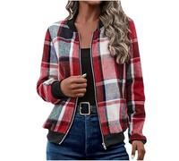Veste bomber à carreaux pour femme - Cardigan léger - Veste de transition tendance - Veste de baseball fine - Veste de survêtement élégante sans capuche - Veste de pilote - Fermeture éclair - Col rond