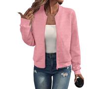 Veste Bomber Décontractée à Manches Longues pour Femme Légère à Fermeture Éclair Veste de Transition Blouson de Baseball Universitaire Coupe Courte et Ample Couleur Unie D'automne (Rose,TTG)