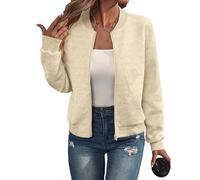 Veste Bomber Décontractée à Manches Longues pour Femme Légère à Fermeture Éclair Veste de Transition Blouson de Baseball Universitaire Coupe Courte et Ample Couleur Unie D'automne (Beige,5TG)