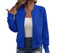 Veste Bomber Décontractée à Manches Longues pour Femme Légère à Fermeture Éclair Veste de Transition Blouson de Baseball Universitaire Coupe Courte et Ample Couleur Unie D'automne (Bleu,Grand)