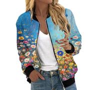 Veste bomber décontractée légère à manches longues pour femme - Coupe-vent - Printemps et automne - Avec poches, 1F-Bleu, S