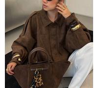 Veste bomber décontractée urbaine de couleur unie avec poche zippée avant, veste bomber à manches longues ample, convient pour le printemps et l'automne, marron L,M,S,XL,XSUnicoloreTissu tissé