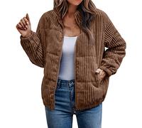 Veste bomber d'hiver chaude et confortable en velours côtelé léger matelassé à manches longues avec fermeture éclair intégrale et col montant décontracté en coton rembourré pour femme, marron, L