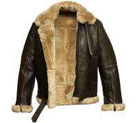 Veste bomber en cuir premium pour homme B3 style aviateur vintage avec bandes en fausse fourrure sherling, Marron - Cuir véritable, XL